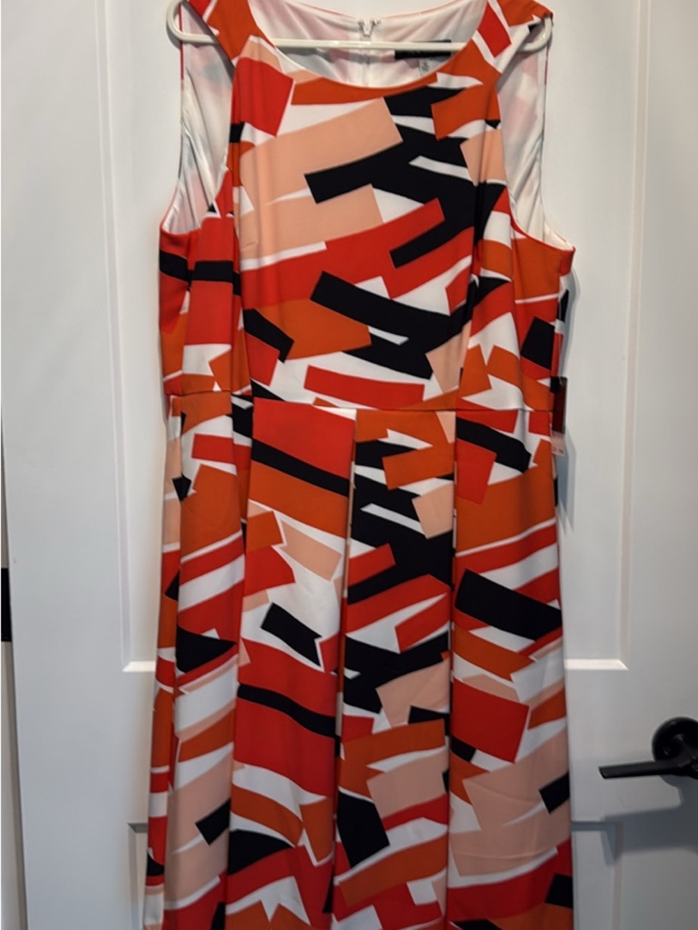 Nine West Sleeveless Abstract Midi Dress - Orange/Black/Peach/White